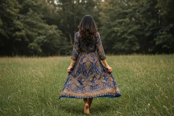 Indian Woman in Traditional Blue Dress Walking Barefoot in Nature – Serene Outdoor Scene