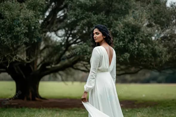 Graceful Woman in Backless White Dress in Nature
