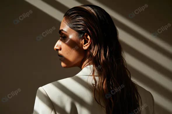 Elegant Woman in White Blazer with Wet Hair in Dramatic Lighting