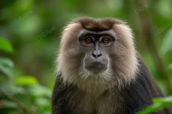 Close-Up Portrait of Lion-Tailed Macaque in Natural Habitat