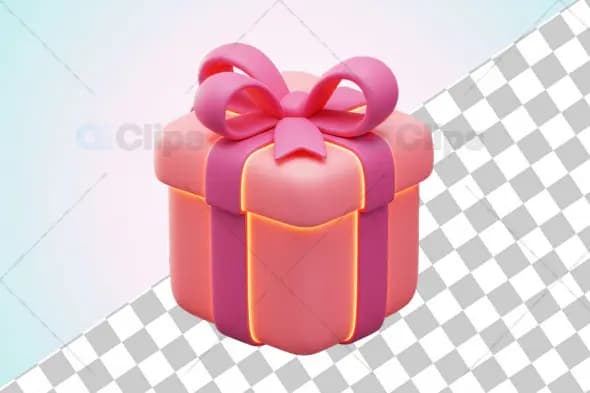 3D Glowing Peach Gift Box with Pink Ribbon and Transparent Background