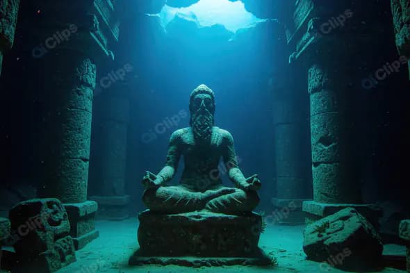 Ancient Underwater Statue in Sunken Temple Ruins