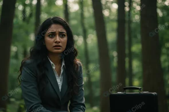 Worried Indian Businesswoman in Formal Suit Sitting Alone in Forest with Briefcase