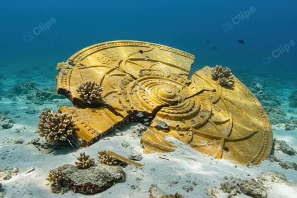 Ancient Broken Artifact Resting on Ocean Floor with Corals