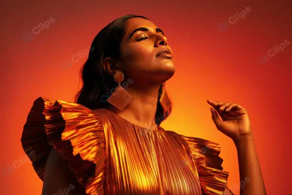 Radiant Woman in Metallic Orange Dress with Bold Earrings