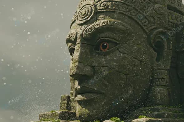 Giant Ancient Stone Face Statue with Mystical Atmosphere and Falling Particles