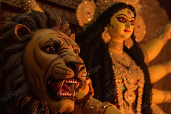 Goddess Durga Idol with Lion in Festive Lighting