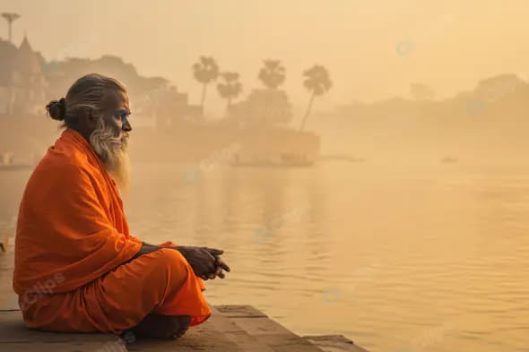 Indian Sadhu Meditating by Riverside at Sunrise