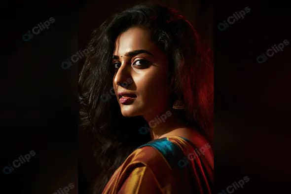 Elegant Indian Woman in Traditional Saree with Dramatic Lighting