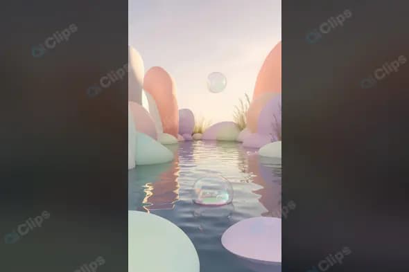 Pastel Fantasy Landscape with Floating Bubbles Over Water