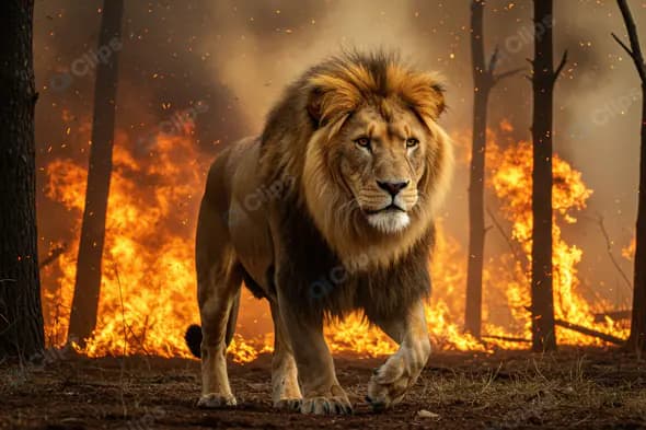 Majestic Lion Walking Through Burning Forest