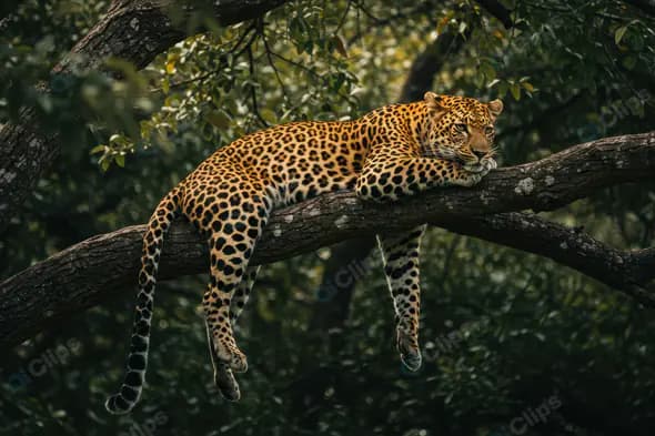 Leopard Resting on Tree Branch in Dense Jungle Canopy
