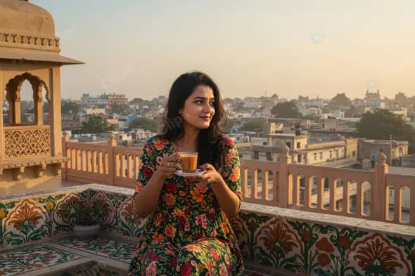 Indian Woman Savoring Chai on Heritage Rooftop Terrace at Sunset