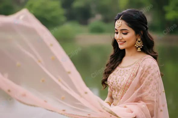 Elegant Indian Woman in Pastel Lehenga with Flowing Dupatta Outdoors