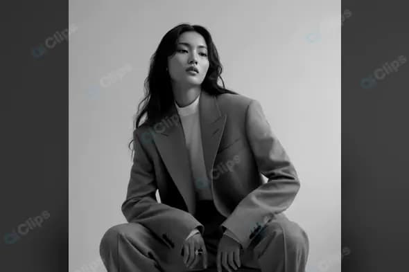 Monochrome Portrait of Confident Woman in Oversized Suit