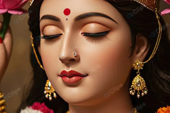 Graceful Portrait of Indian Goddess Devi Holding Lotus Flowers
