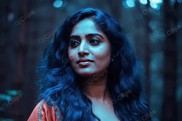 Elegant Indian Woman with Flowing Hair in Blue Forest Ambience