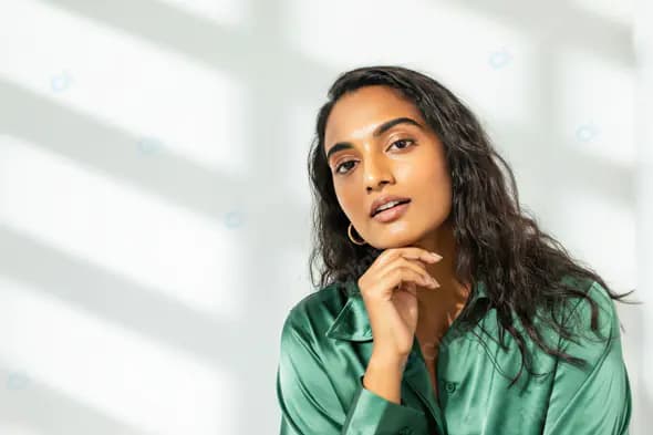 Confident Woman in Green Satin Shirt with Natural Light