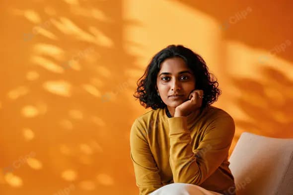 Confident Indian Woman in Mustard Sweater with Minimalist Background