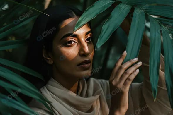 Elegant Woman in Nature with Dramatic Light and Palm Leaves