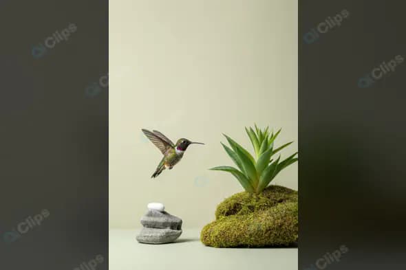 Minimal Zen Nature Scene with Hummingbird and Succulent Plant