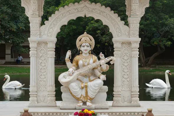 Goddess Saraswati Marble Idol with Veena at Temple Pavilion