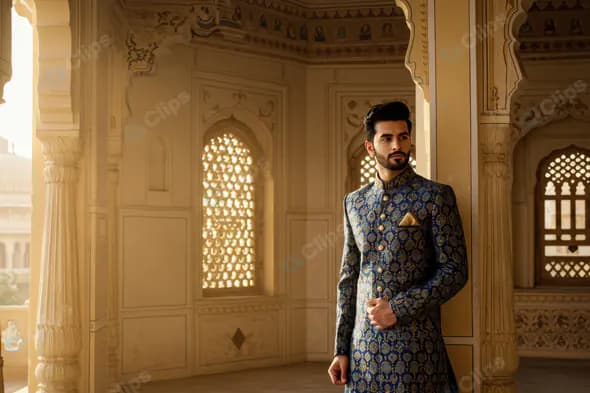 Indian Groom in Royal Blue Sherwani – Traditional Wedding Portrait in Heritage Palace