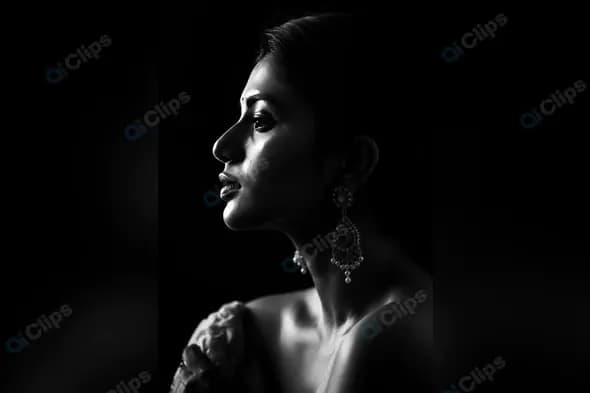 Elegant Indian Woman in Dramatic Black and White Portrait with Jewelry