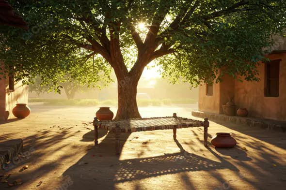 Traditional Indian Village Courtyard with Charpai and Clay Pots at Sunrise