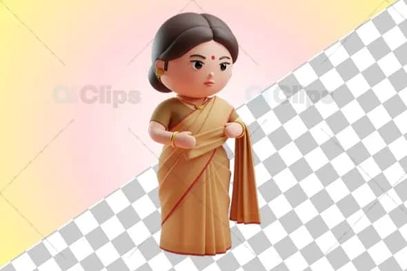 3D Traditional Indian Woman in Golden Saree