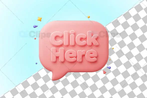 3D Pink "Click Here" Speech Bubble Icon with Decorative Elements