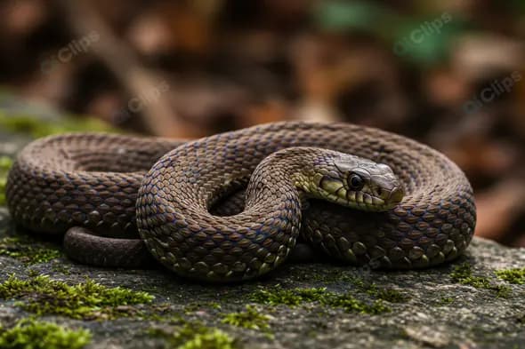 Coiled Brown Snake Resting on Mossy Rock in Nature