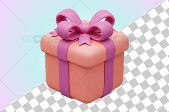 3D Peach Gift Box with Pink Ribbon and Transparent Background