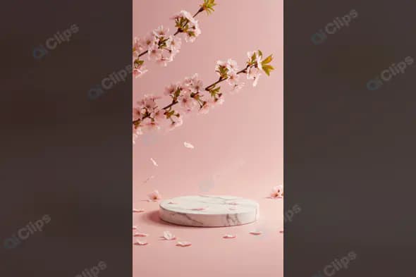 Marble Display Mockup with Cherry Blossom Branches on Pink Background