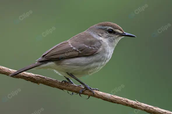 Close-Up of Small Brown Songbird on a Branch with Green Background