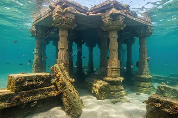 Ancient Underwater Temple Ruins with Coral and Marine Life