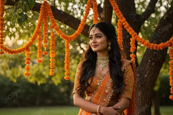Beautiful Indian Woman in Festive Attire with Marigold Decorations at Outdoor Ceremony