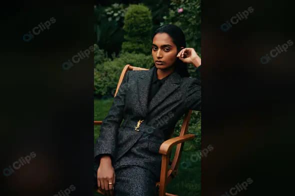 Confident Woman in Designer Suit Posing in Garden