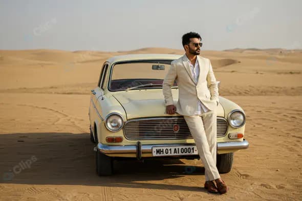 Stylish Indian Man in Beige Suit with Vintage Car in Desert – Classic Fashion Editorial
