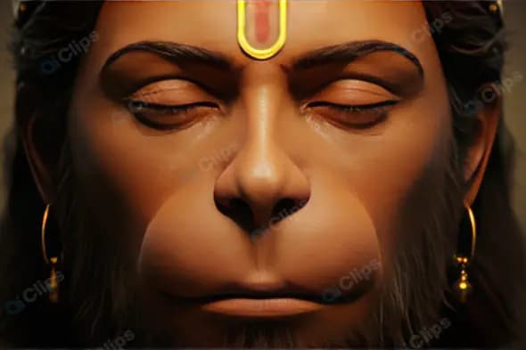 Peaceful Close-Up of Lord Hanuman’s Face with Gold Tilak and Earrings