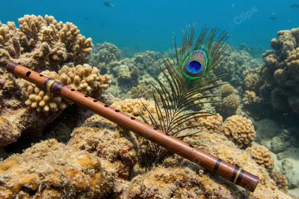 Krishna’s Flute with Peacock Feather Underwater on Coral Reef
