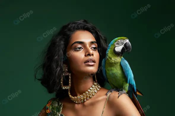 Elegant Woman with Macaw Parrot in Luxury Fashion Portrait