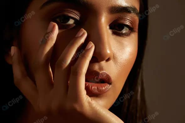 Close-Up Beauty Portrait of Woman with Glowing Skin and Sensual Expression