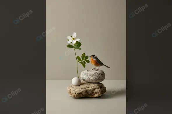Minimalist Zen Scene with Bird, Flower, and Stacked Stones