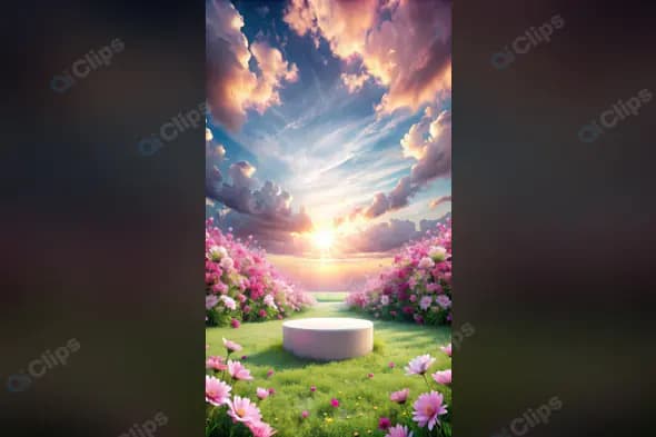 Dreamy Sunset Garden Scene with Flower Platform and Pink Blooms