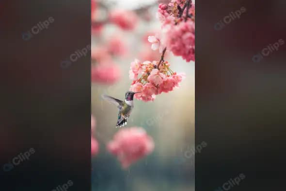 Hummingbird Feeding on Cherry Blossoms in Spring Rain