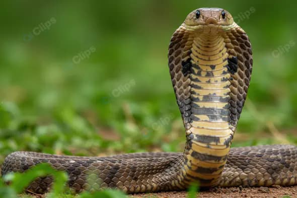 Close-Up of Indian Cobra with Hood Spread in Defensive Pose on Green Grass