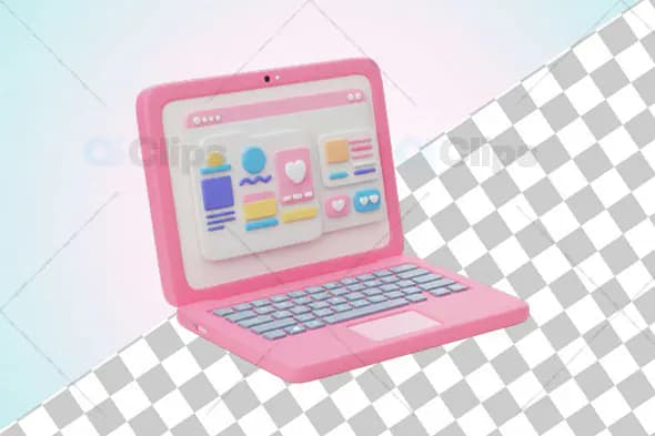 Pink 3D Laptop with Social Media Dashboard