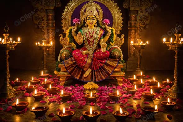 Goddess Lakshmi Idol with Diyas and Petals for Diwali Puja Decoration