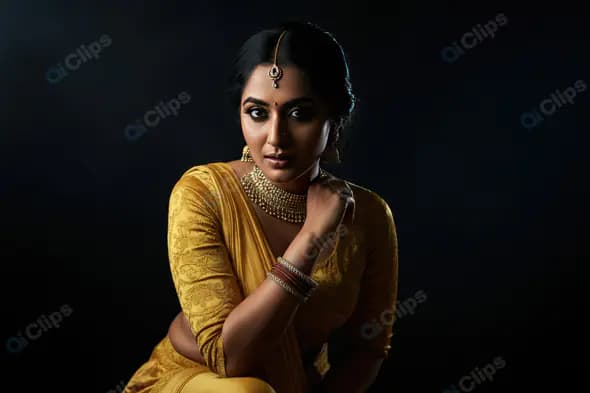 Elegant Indian Woman in Yellow Saree with Traditional Jewelry